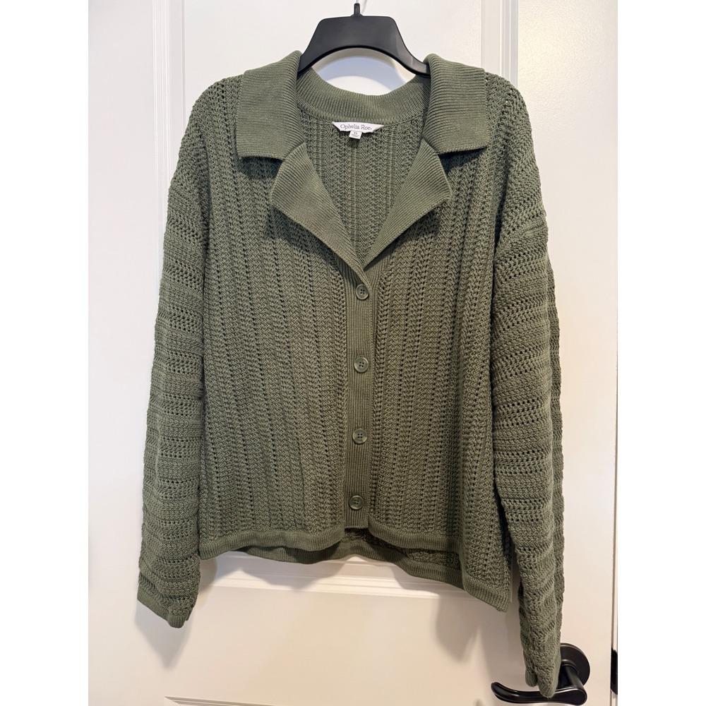 Ophelia Roe Cardigan Women XL Green Collared Pointelle Knit Cottagecore